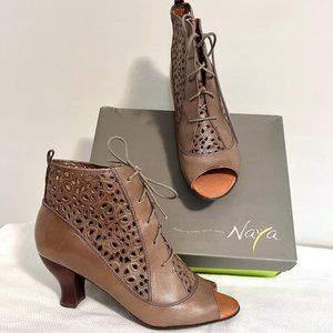 12M Naya taupe leather peep toe granny boot